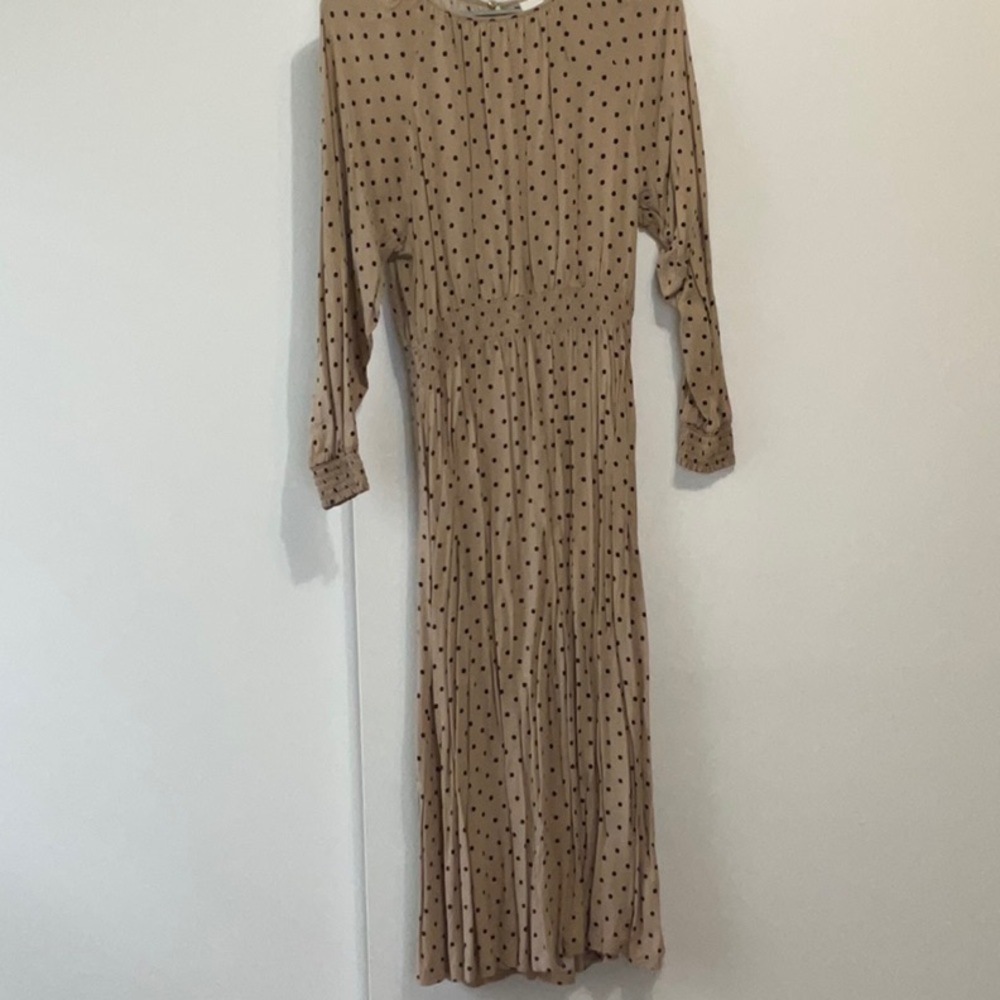 Women’s polka dot midi dress with smocked waist and cuffs
